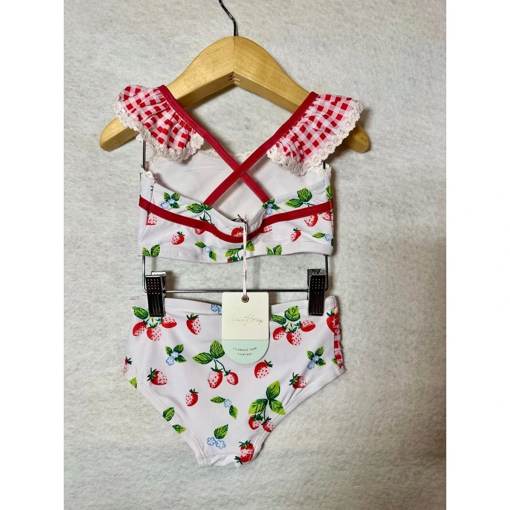 SweetHoney Girls Strawberry Gingham Two Piece Swimsuit Set Red White 3T NWT